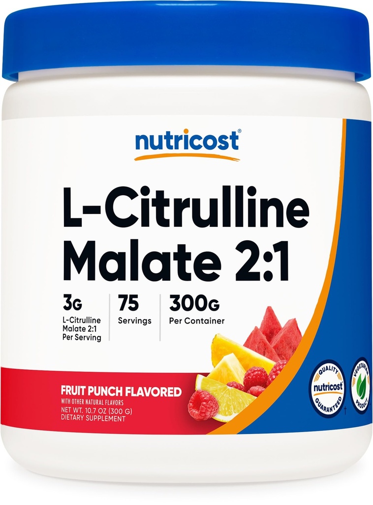 Nutricost L-Citrulline Malate 2:1 (300g) Hedelmänlyönti - Kuntoilu Tuki, Lihasteho, typpioksidi Booster - Fitness täydennysosa jauhe, 75 tarjoilua