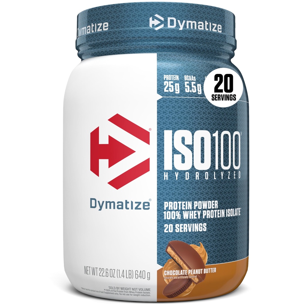 Dymatize ISO100 Whey Protein Powder Isolate, Chocolate Peanut Butter, 25g proteiinia, 5.5g BCAAs, vähemmän kuin 120 Cal., Gluteeniton, 1g rasvaa, 1g sokeria, 2g Carb (20 tarjoilua)