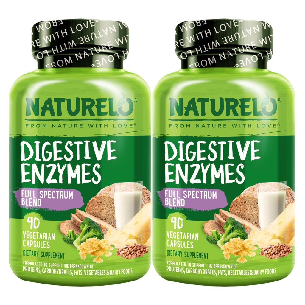 NATURALLO Dgestive Enzymes - Full Spectrum Support with a Broad Blend of 15 Enzymes Plus Ginger - 90 Vegan Capsules (Pack of 2)