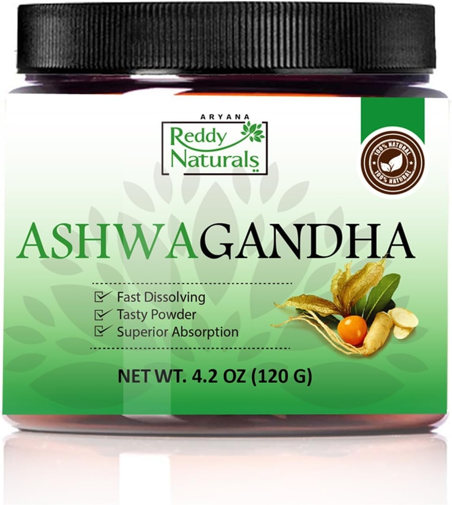 Reddy Naturals Aryana Pure Organic Ashwagandha Powder - High-Potency Root Extract med 10% Withanolider - Naturlig Orange Smak för Stress & Energy Support - 4,2 OZ (120g)