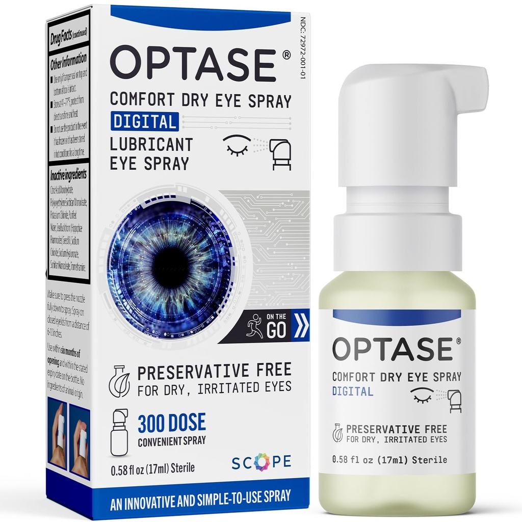 Optase Comfort Dry Eye Spray - Säilöntäaineeton Tekokyynelten tippuminen Vaihtoehtoinen - Kuiva silmän tippuminen kätevä ruisku - Monikäyttöinen pullo, Yhteystiedot Lens Safe - .58 fl oz