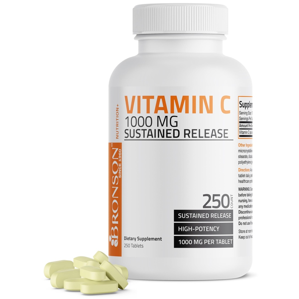 Bronson C-vitamiini 1000 mg Pitkäkestoinen julkaisu Premium ei-GMO-askorbiinihappo, 250 tablettia