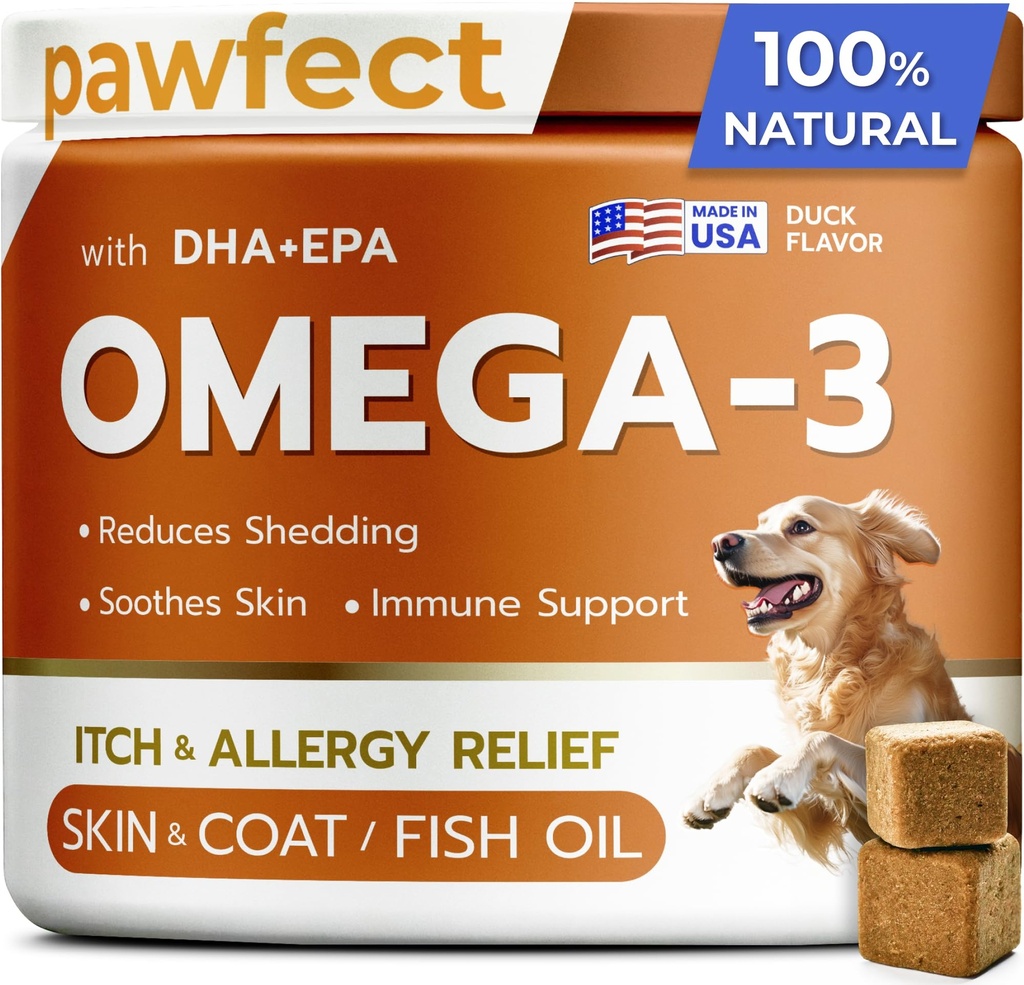 PAWFECTCHEW Fish Oil Omega 3 for Dogs - Allergia Relief - Joint Health - Kutinaa helpotus, kuori ja takki täydentää - Alaskan Salmon Oil Chews - Omega 3 6 9 - EPA & DHA rasvahapot