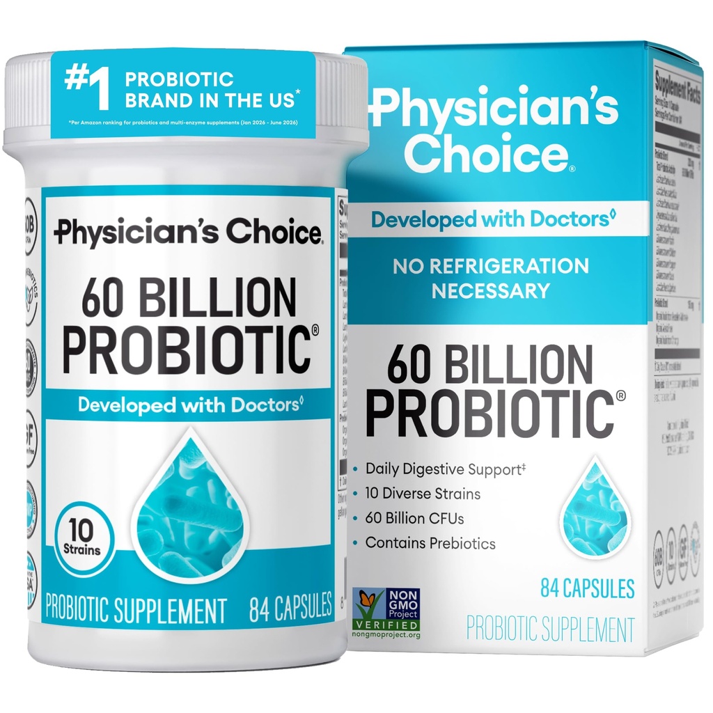 Läkarens CHOICE Probiotics 60 Billion CFU - 10 Strains + Organic Prebiotics - Immune, Digestive & Gut Health - Stöder Occasional Constipation, Diarrhea, Gas & Bloating - för kvinnor och män - 84ct