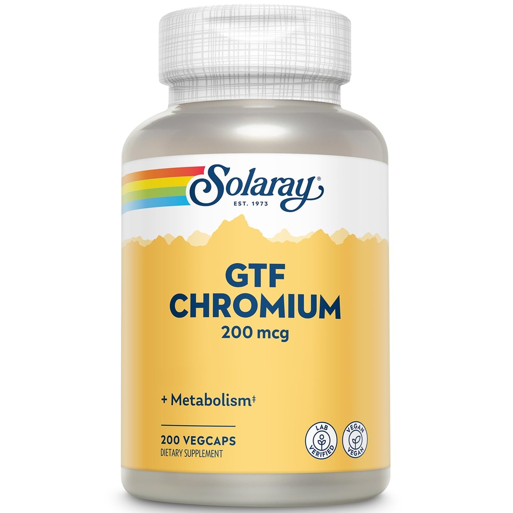 Solaray GTF Chromium 200mcg - Pure Chromium GTF 200 mcg Supplement, stöder metabolisk funktion och hela kroppens hälsa för män och kvinnor - 200 Vegan kapslar
