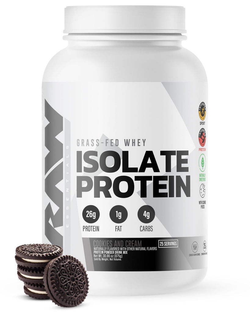 RAW Whey Isolate Protein Powder, Cookies N Cream - 100% Grass-Fed Sports Nutrition Protein Powder för muskeltillväxt och återhämtning - Low-Fat, Low Carb, naturligt smaksatt och sötad - 25 portioner