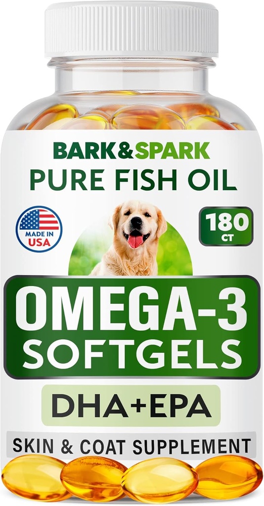 BARK & SPARK Omega 3 för hundar - 180 Fish Oil Softgels for Dog Shedding, Skin Allergy, Itch Relief, Hot Spots Treatment - Joint Health - Skin and Coat Supplement - EPA & DHA Fatty Acids - Salmon Oil