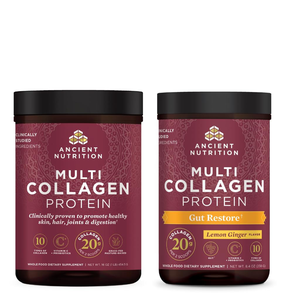Ancient Nutrition Multi Collagen Protein Powder, Ei maukasta, 45 tarjoilua + Multi Collagen Protein Powder, Gut Palauta, 20 tarjoilua