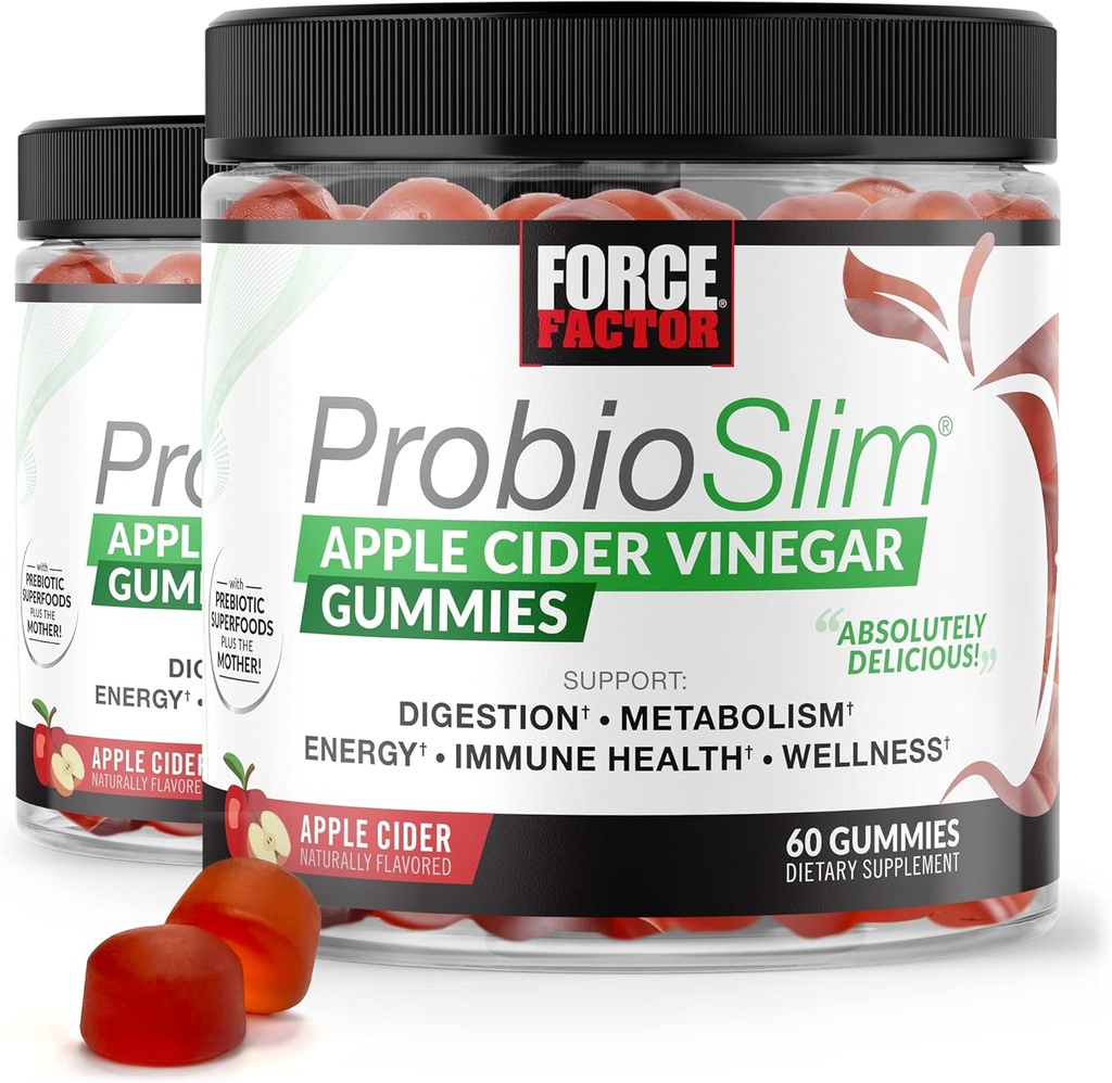 FORCE FACTOR ProbioSlim Apple Siideri Viinietikka Gummies, 2-pakkaus, luomu omenaviinietikka ja LactoSpore Probiootit ja prebiootit tukemaan digestiota, aineenvaihduntaa ja immuuniterveyttä, 120 Gummies