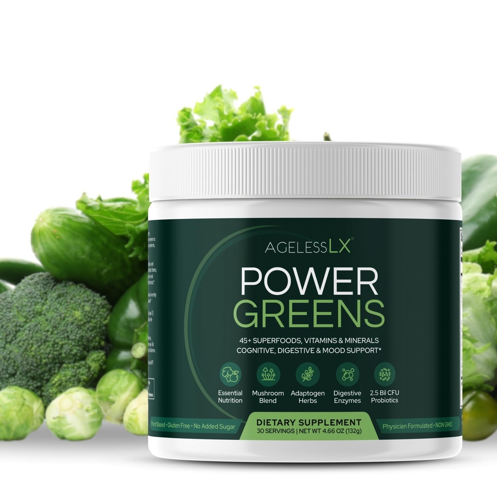 IkätönLX Power Greens, 42 Superfoods Probiootit, Entsyymit ja prebioottikuitua energian, immuniteetin ja digestiivisen terveyden parantamiseen, 30 tarjoilua