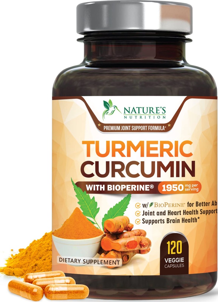 Turmeric Curcumin Supplement 1950mg - 95% Curcuminoids kanssa Organic Turmeric & BioPerine Black Pepper Extract paras imeytyminen, Nature's Vegan Joint Support, ei-GMO, pullotettu USA - 120 kapselia