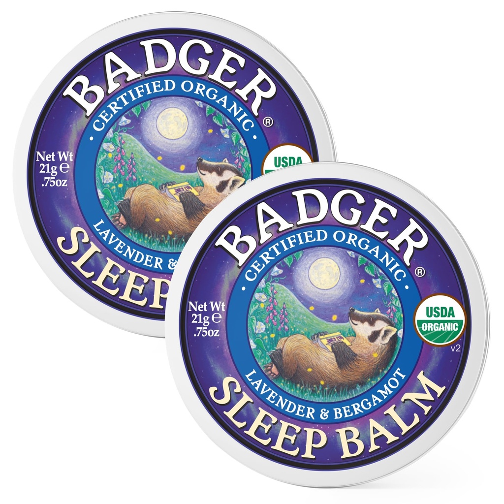 Badger Sleep Balm, Organic Essential Oil Aromatherapy Natural Sleep Balm för vuxna och barn, Relaxing & Calming Lavender & Bergamot Natural Sleep Support, .75 oz Tin, 2-Pack