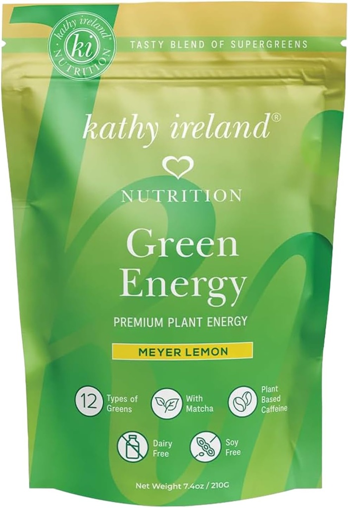 Kathy Ireland Super Greens Energy Powder, Clean Energy Drink Mix with Matcha & Green Tea, Immuuni & Dgestive Support Sugar, Meyer Lemon Flavor, 7.4 oz