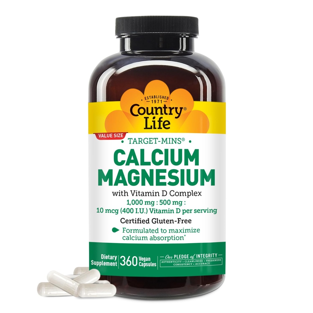 Country Life Target-Mins Calcium Magnesium med vitamin D-Complex, 1000mg/500mg/10mcg, 360 Vegan Capsules, Certified Gluten Free, Certified Vegan, Verified Non-GMO Verified...