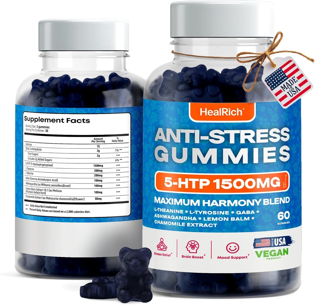 Stress Relief Gummies - 1500MG 5HTP L-Theanine Gaba & L-tyrosine - Ashwagandha Herbal Supplement tukee Intellectual Alertness Vegan Brain Mood Booost Lisäravinteet lapsille ja aikuisille Valmistettu Yhdysvalloissa