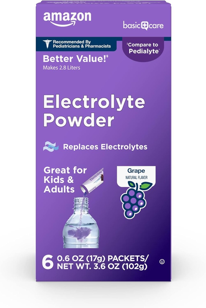 Elektrolyyttijauhepakkaukset nestettä varten lapsille ja aikuisille, viinirypälemaku, 6 lukumäärä (Pack of 1)