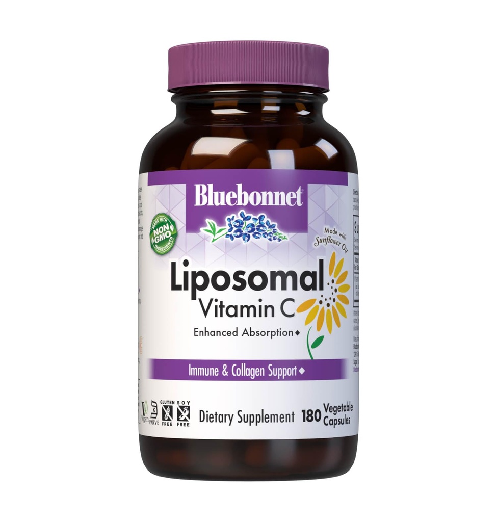 BlueBonnet Nutrition Liposomal C 1000 mg, Valmistettu auringonkukkaöljyllä, Immuunilla ja Joint Comfort*, Veganilla, Kosherilla, Ei-GMO:lla, Gluteeniton, soijaton maito, 180 kasvikapselia, 90 tarjoilua