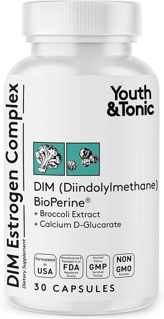 Youth & Tonic DIM BioPerine for Estrogeeni Metabolia Tuki Naiset ja miehet Hormoni Balance kanssa Estrogeeni Blocker ... Diindolyylimetaani täydennysosa - 30 pillereitä
