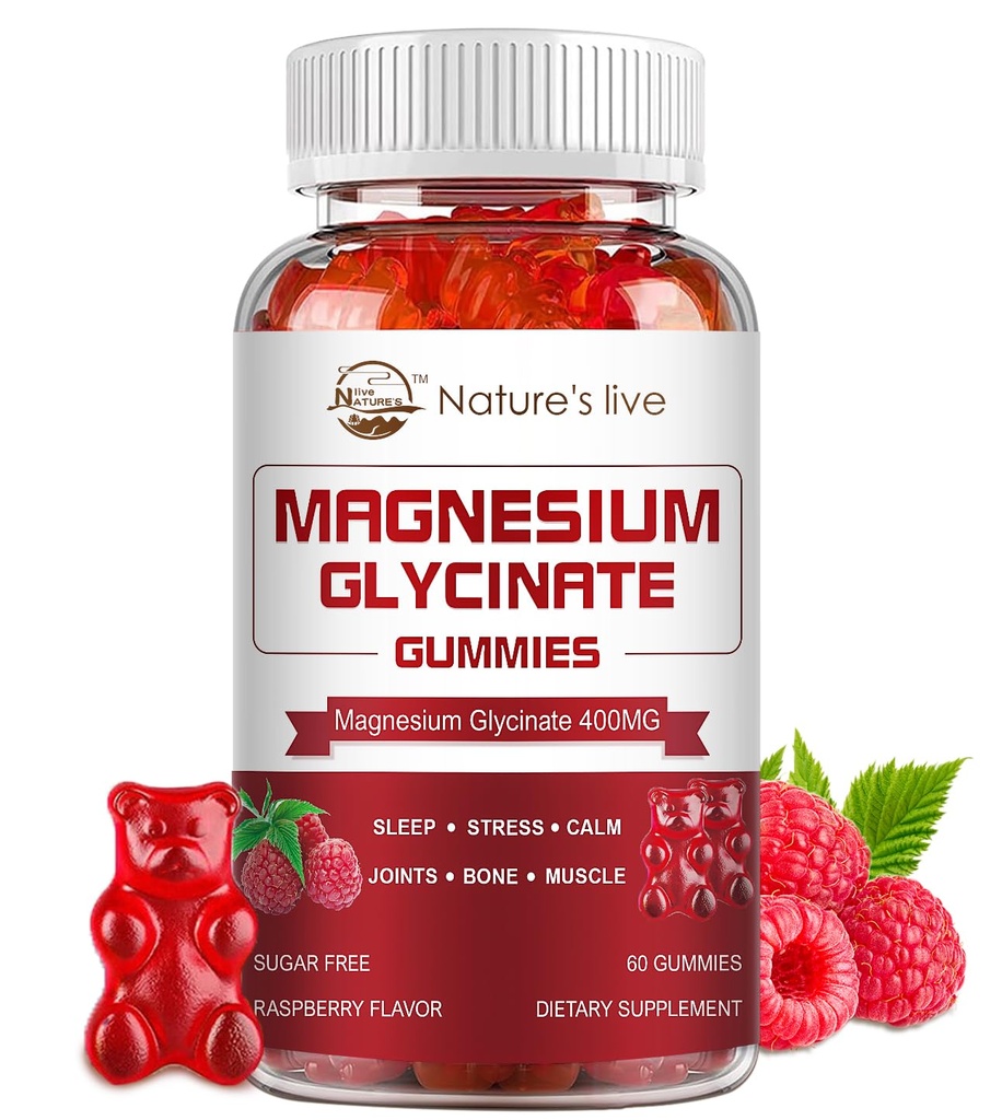 Magnesium Glycinate Gummies, sokeriton magnesiumlisä, magnesium Glycinate 400 mg, magnesium L-treonaatti 200 mg, rauhoittava mieli, lihas, luu ja uni aikuisille, 60 vadelma Gummies