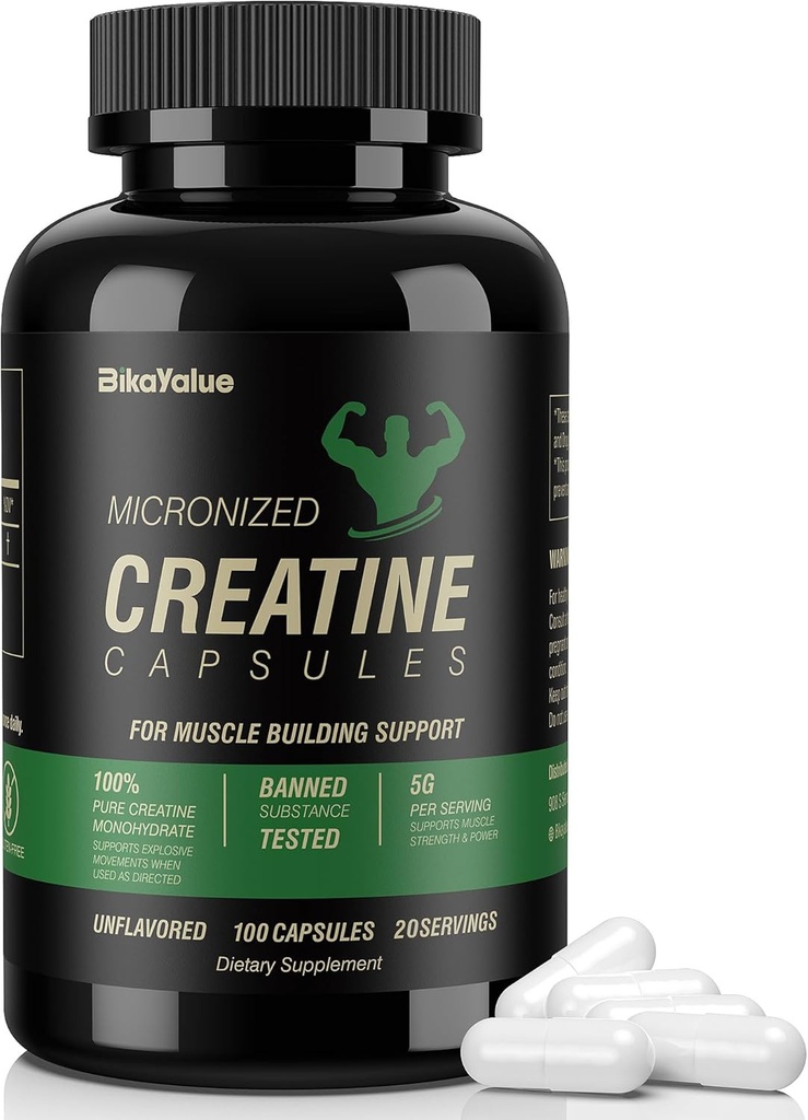 Micronized Creatine Monohydraatti kapselit, Creatine Kapselit täydennysosa lihas, vahvuus, suorituskyky, energia, Recovery, Gluteeniton Creatiini naisille ja miehille, 100 Capsules (20 tarjoilua)