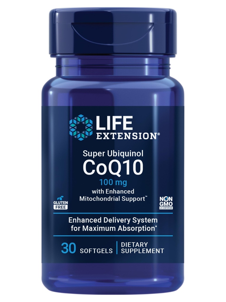 Life Extension Super Ubiquinol CoQ10 med förbättrad Mitochondrial SupportTM, Hjärthälsotillskott, Maximal Absorption, 100 mg, Non-GMO, Gluten-Free, 30 mjukgels