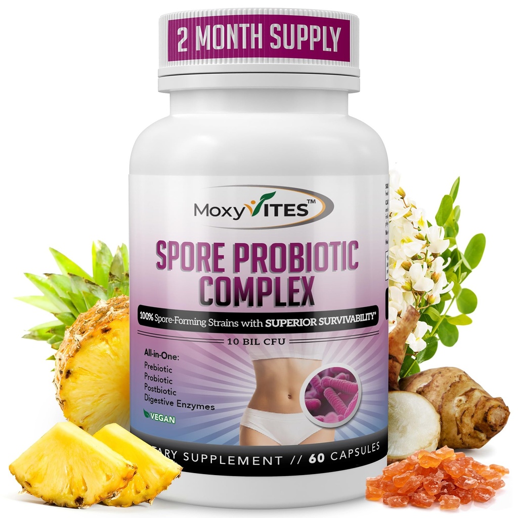 MoxyVites Spore Probiootti Complex - Kaikki yhdessä Prebiootit ja Probiootit Ruoansulatus, Postbiootti, Ruoansulatuskanavan Entsyymit Daily Supplement - Spore Based Probiootti naisille ja miehille