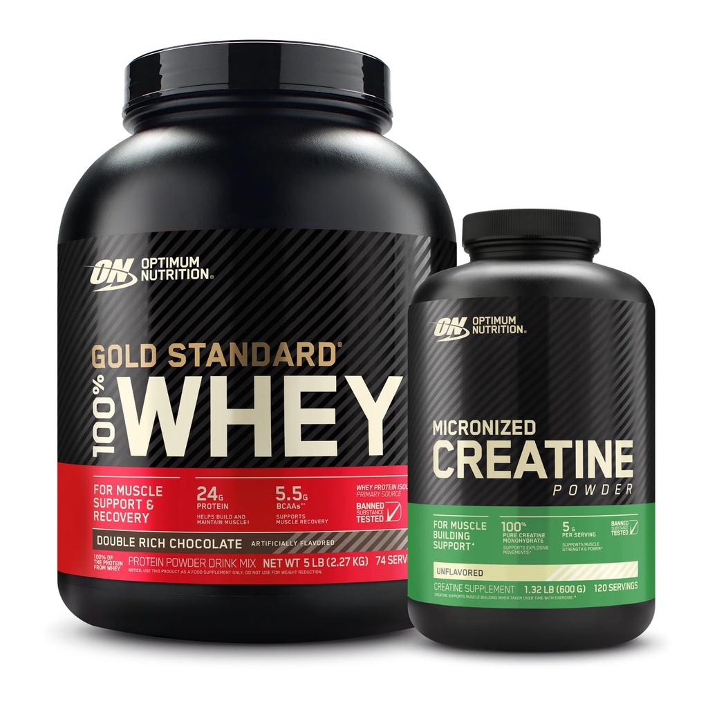 Optimum Nutrition 100% Gold Standard Whey Protein Powder: Double Rich Chocolate (5 punta) kanssa Micronized Creatiini Monohydraatti Powder, makuamaton (120 tarjoilua) - Bundle Pack
