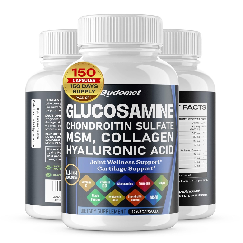 Glukosamin Chondroitin sulfat Methylsulfonylmetan Hyaluronic Acid Turmeric Ginger Vitamin C, D3, Black Pepper -150 Capsules- Made in USA