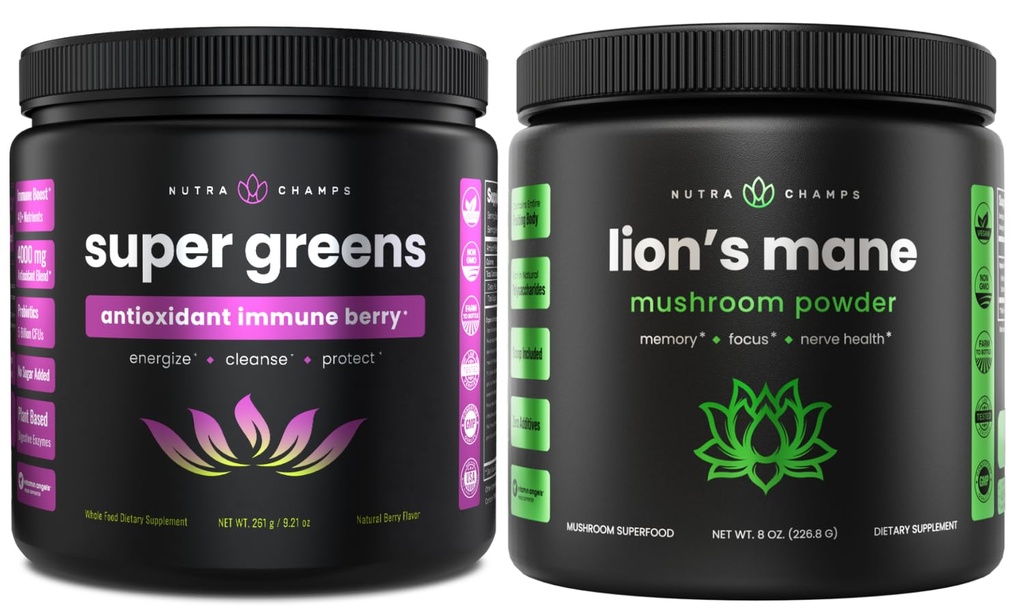 NutraChamps Super Greens Antioksidantti ja leijonan Mane Powder. Ruoansulatus-, immuniteetti- ja adaptogeenituki