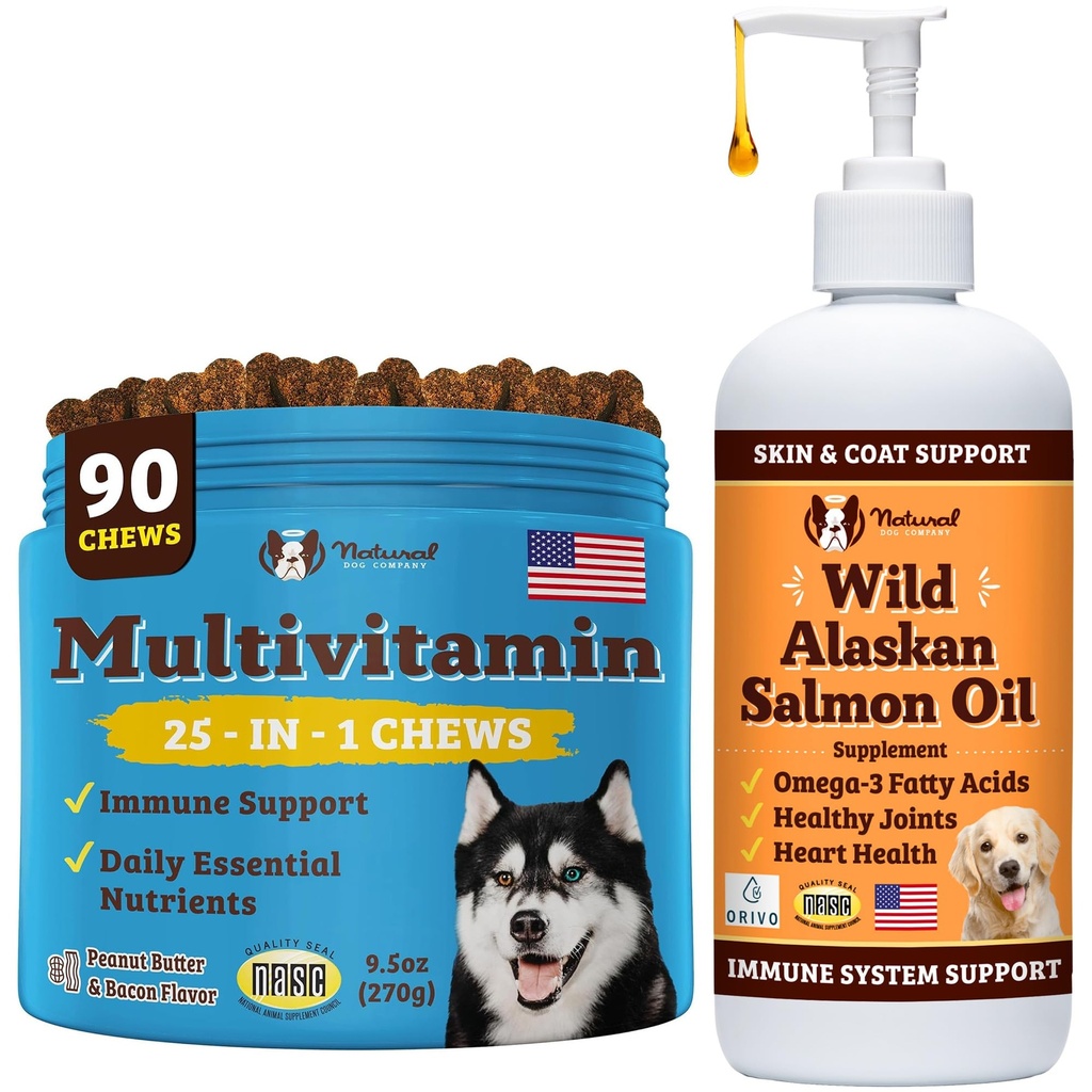 Natural Dog Company Wellness Bundle för hundar, laxolja för hundar, multivitamin och tillägg, Itch Relief