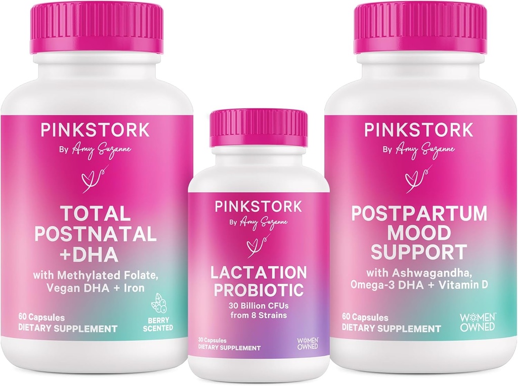 Vaaleanpunainen Stork Uusi äiti Necessities Bundle: Synnytyksen jälkeinen vitamiini DHA ja Foolihappo, Imetys Probiootti rintamaidon tarjonta + immuuni tuki, Postpartum Mood + Hormoni tuki, Postpartum Essentials