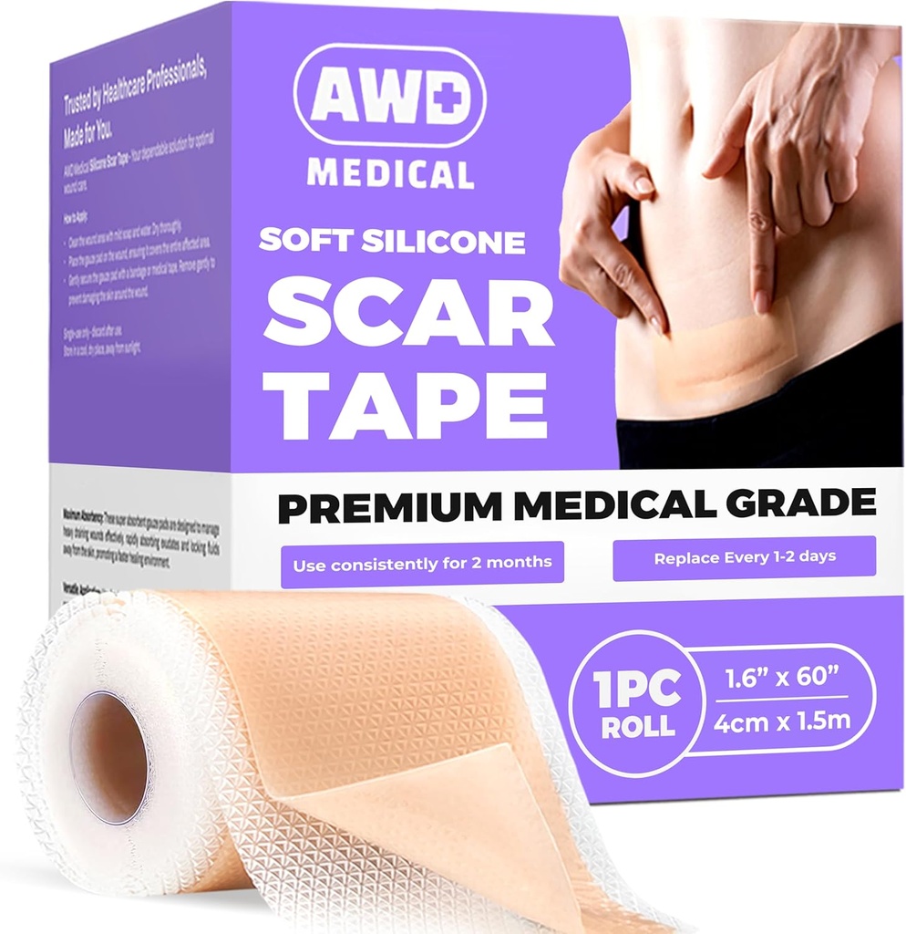 AWD Silicone Scar Sheets for Surgical Scars - Seamless Medical Grade Silicone Scar Tape för C Section, Tummy Tuck Tape - Silicone Skin Patches Efter kirurgi måste ha (1,6 "x 60" Seamless Roll)