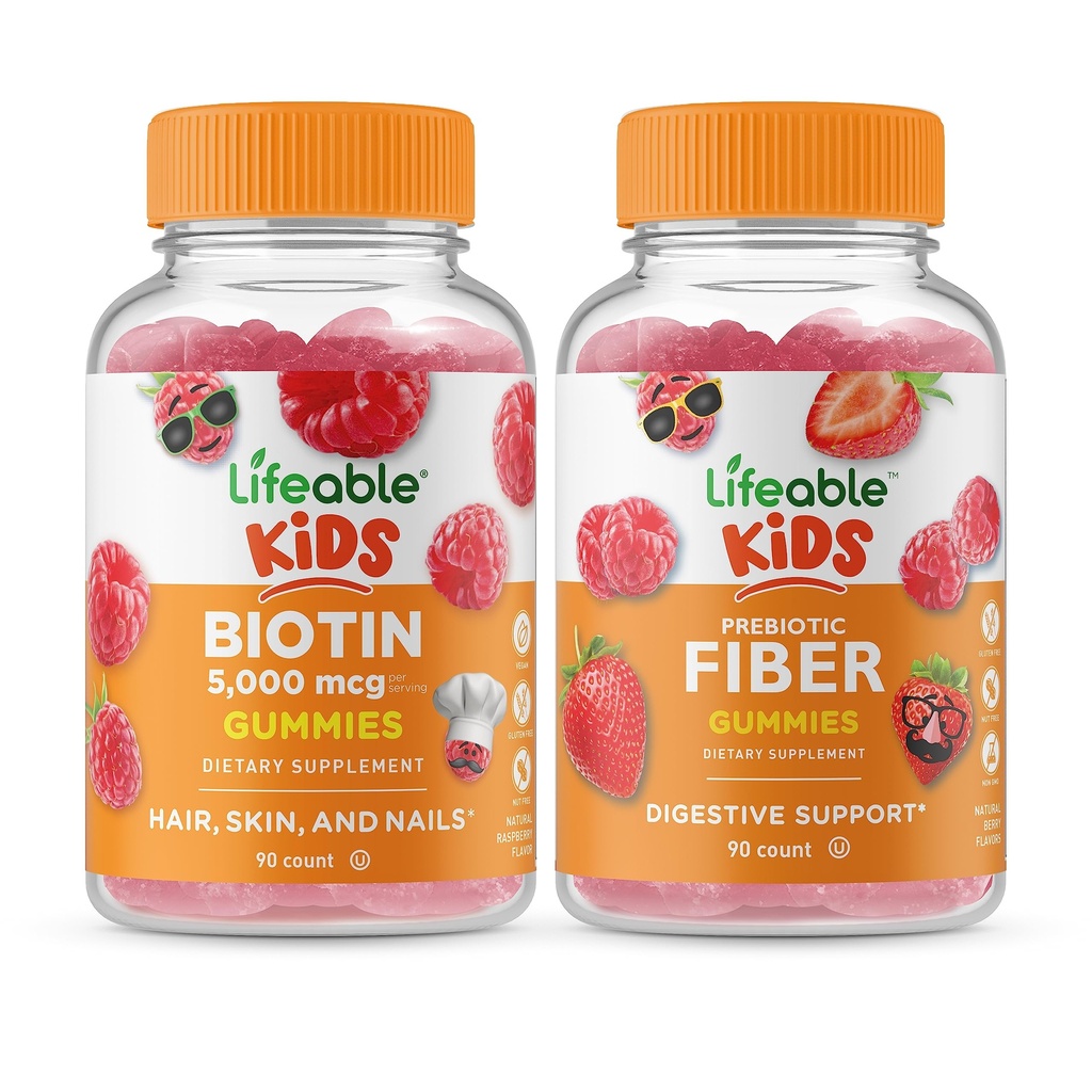 Elävä Biotin lapset + Prebiootti Fiber Kids, Gummies Bundle - Suuri maistaminen, vitamiini täydentää, Gluteeniton, GMO vapaa, purukumi