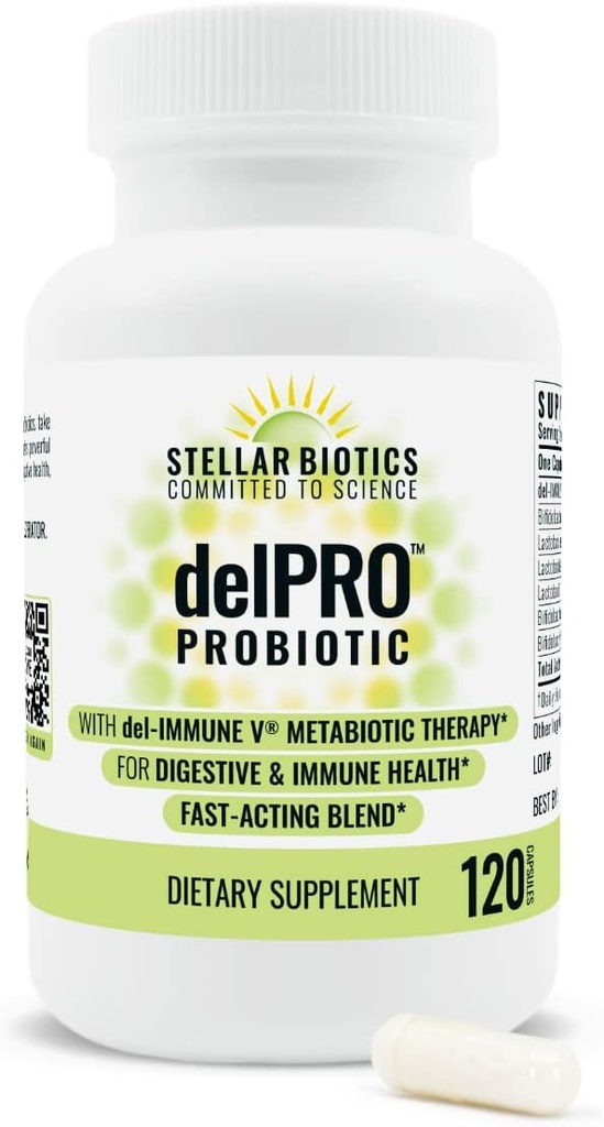 Del-Immune V® + Delprobiotisk och prebiotisk blandning av Stellar Biotics - främjar optimal tarmhälsa, matsmältning, immunstöd och humör (120 kapslar)