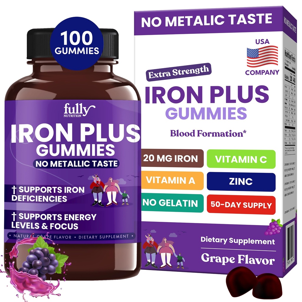 Järn Gummies kosttillskott för kvinnor, män och barn - Hälsoblod & energi stöd för järnbrist, Anemi, No After Taste- Fresh Grape smak- 100 Gummies (50 dagar leverans)