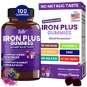Järn Gummies kosttillskott för kvinnor, män och barn - Hälsoblod & energi stöd för järnbrist, Anemi, No After Taste- Fresh Grape smak- 100 Gummies (50 dagar leverans)