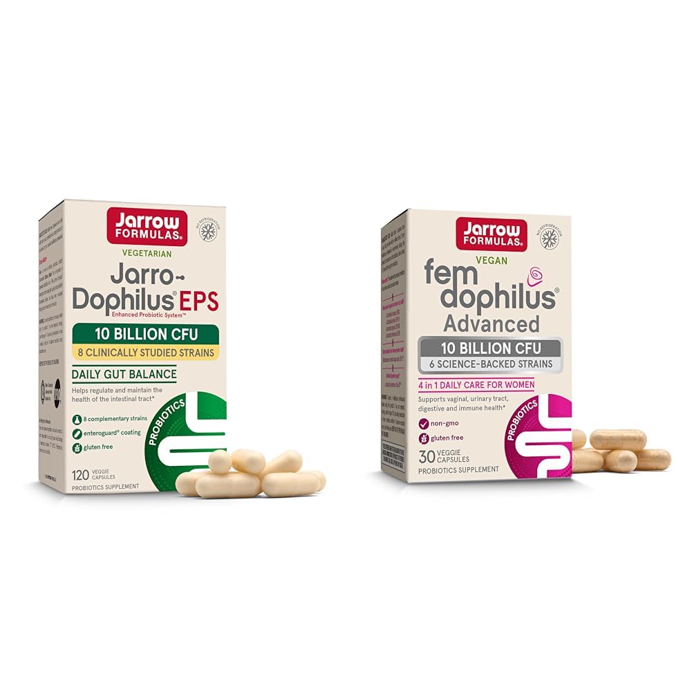 Jarow Formula Probiootit Bundle Jarro-Dophilus EPS 10 miljardia PMY 120 Caps ja Fem-Dophilus Advanced 10 miljardia PMY 30 Caps