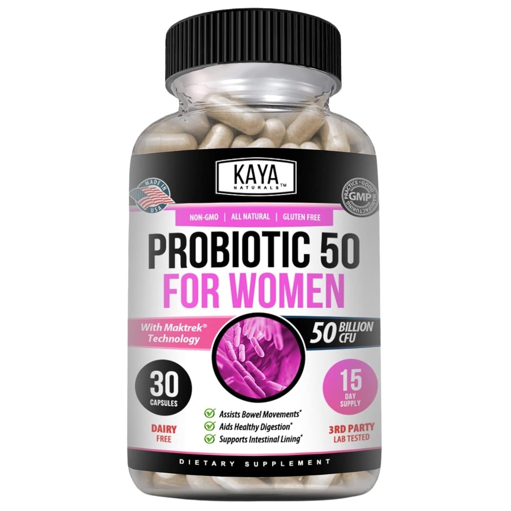 Kaya Naturals Probiootti 50 miljardia PMY - Probiootit naisille, Probiootit miehille ja aikuisille, Natural - Gut Health & Immuuni tuki täydentää - tarjoaa digestiivinen tuki - 30 Vihanneskapselit