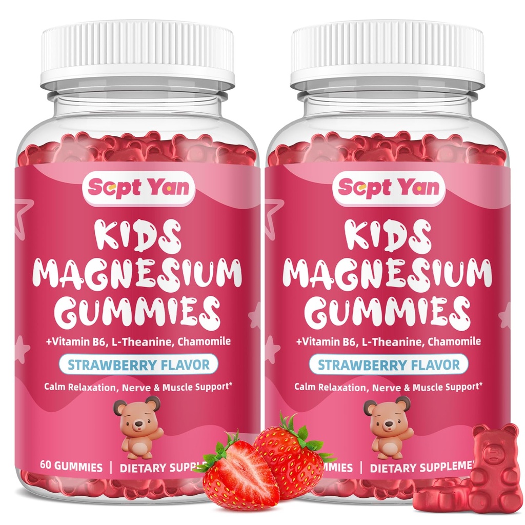 (2 pakkaus) Magnesium Gummies lapsille - Magnesiumsilikaatti täydentää B6-vitamiinia, L-theaniinia, kamomillaa ja sitruunan balsamia - rauhoittaa magnesium lapsille ja aikuisille nukkua, rentoutua - mansikka,120 Gummies