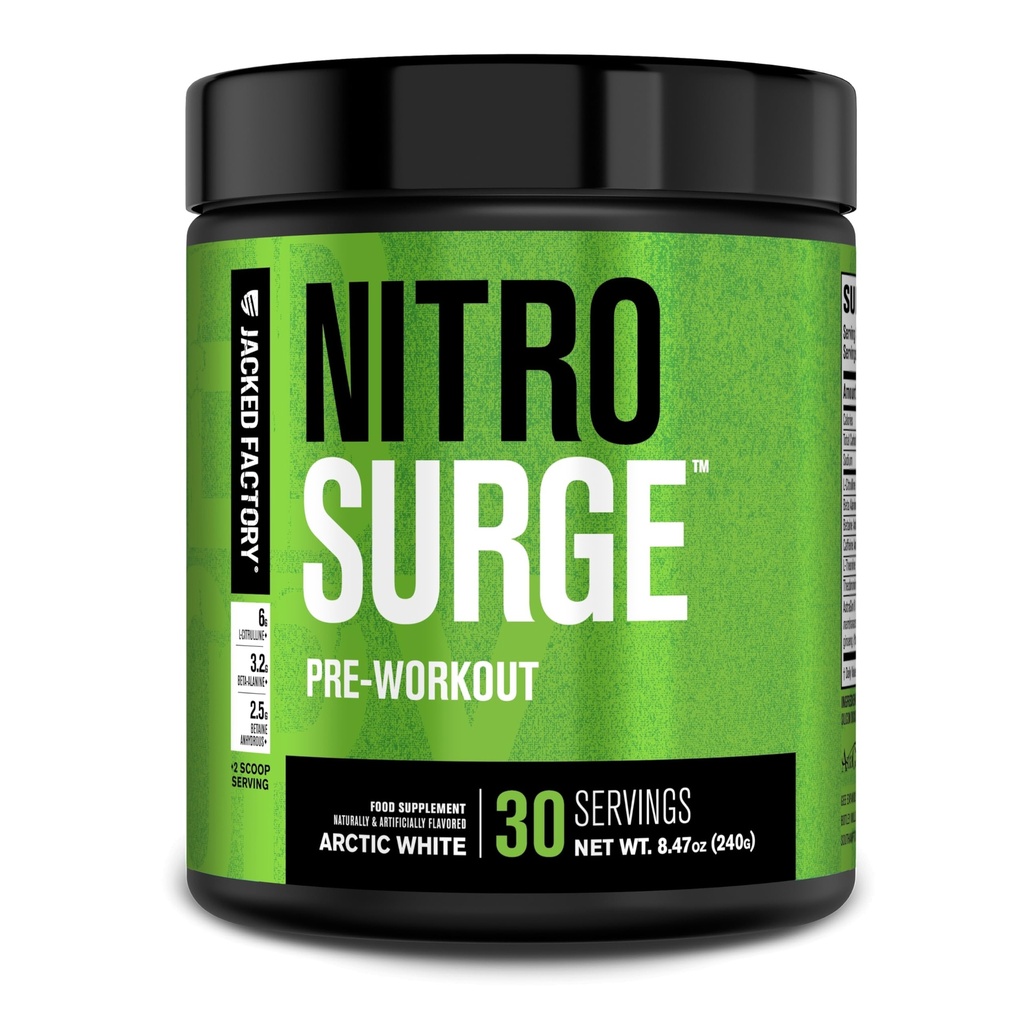 Jacked Factory NITROSURGE Pre Workout Supplement - Endless Energy, Instant Strength Gains, Clear Focus, Intense Pumps - NO Booster & Powerful Preworkout Energy Powder - 30 portioner, Arctic White