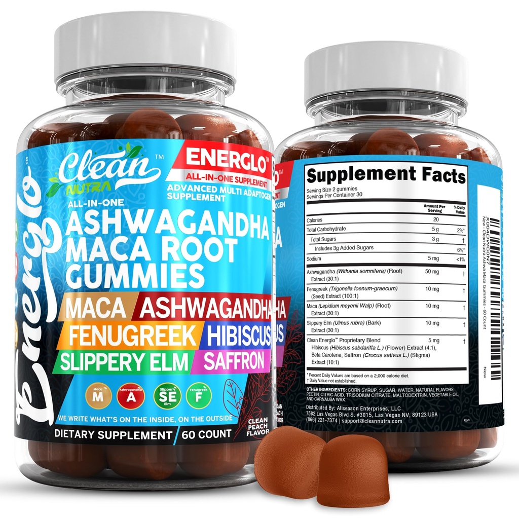 Ashwagandha Maca Root Gummies kanssa Sarviapila Hibiscus Slippery Elm Saffron Extract & Beta Caroteeni ...