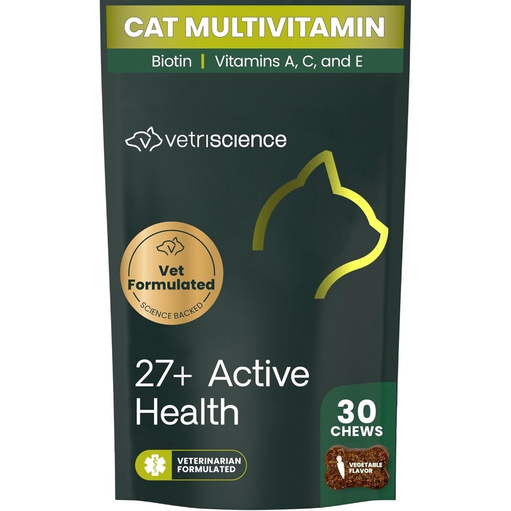 VetriScience 27+ Aktiivinen terveys purukumia, Nu Cat päivittäin monivitamiinia kissoille ja pennuille, tasapainotettu vitamiineja, mineraalit ja antioksidantteja, terveys ja hyvinvointi tuki, kala, 30 kreivi