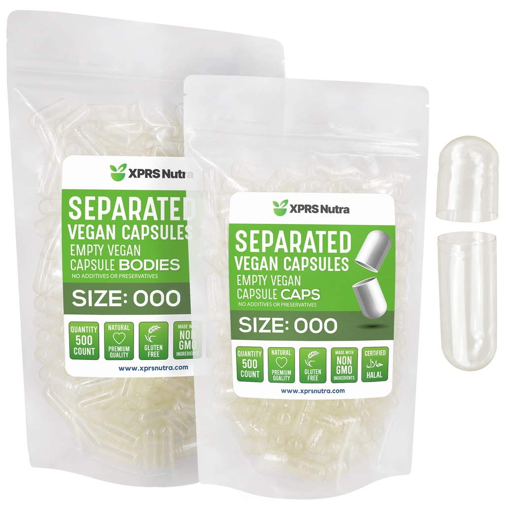XPRS Nutra Vegan Size 000 separerade kapslar - 500 greve Premium Empty Caps separerade i väskor - Clear Empty Capsules - 000 piller för DIY Supplement Filling