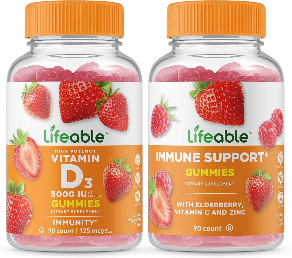 Elinkelpoinen D-vitamiini 5000 IU + immuunituki, Gummies Bundle - suuri maku, vitamiinilisä, gluteeniton, GMO-vapaa, purukumi