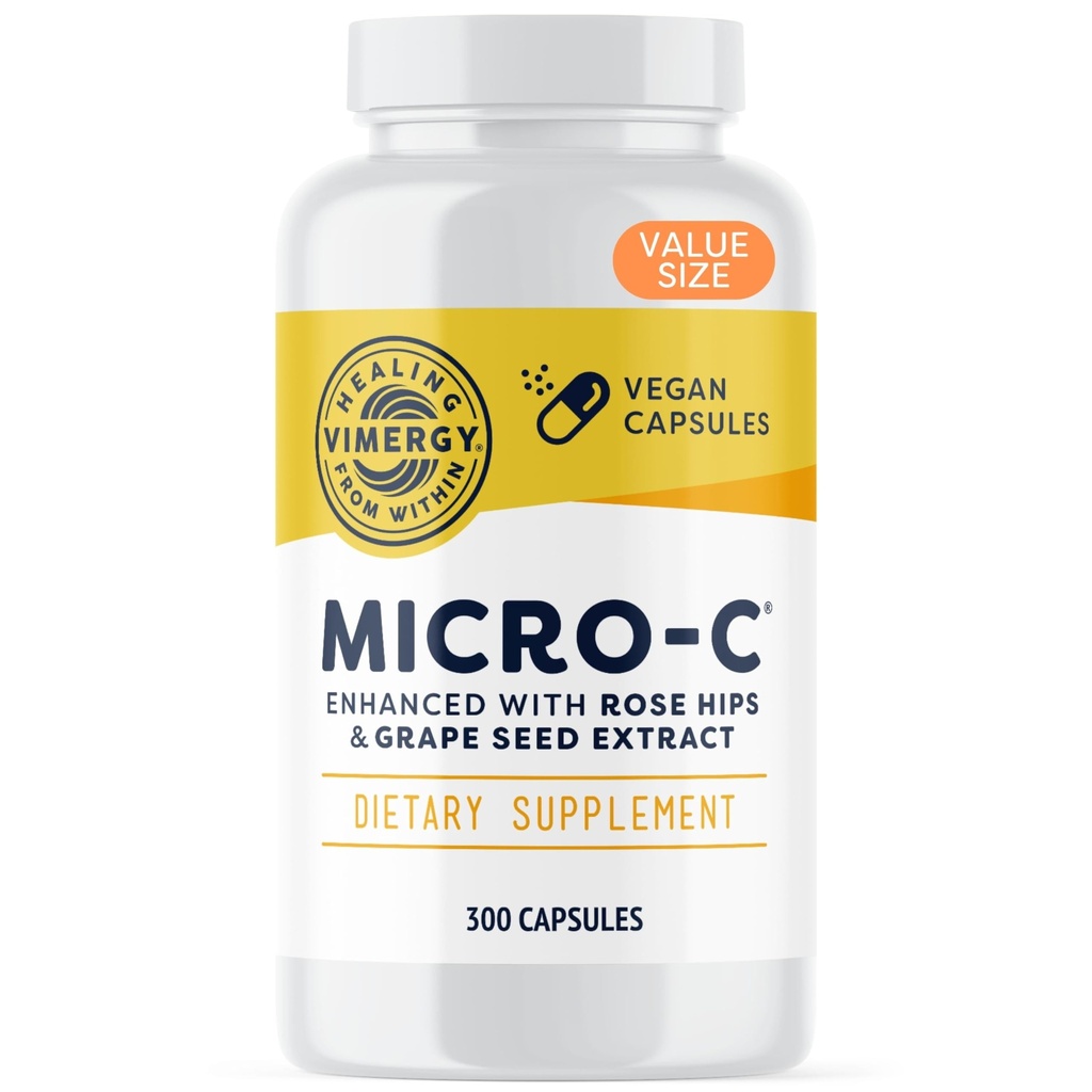 Vimergy Micro-C®-vitamiini C-kapselit 500 mg kapselia kohti, tukee immuuniterveyttä*, edistää kollageenin tuotantoa, tukee terveitä luuita*, Kosher, Vegaani ja gluteeniton, arvo 300 kapselia