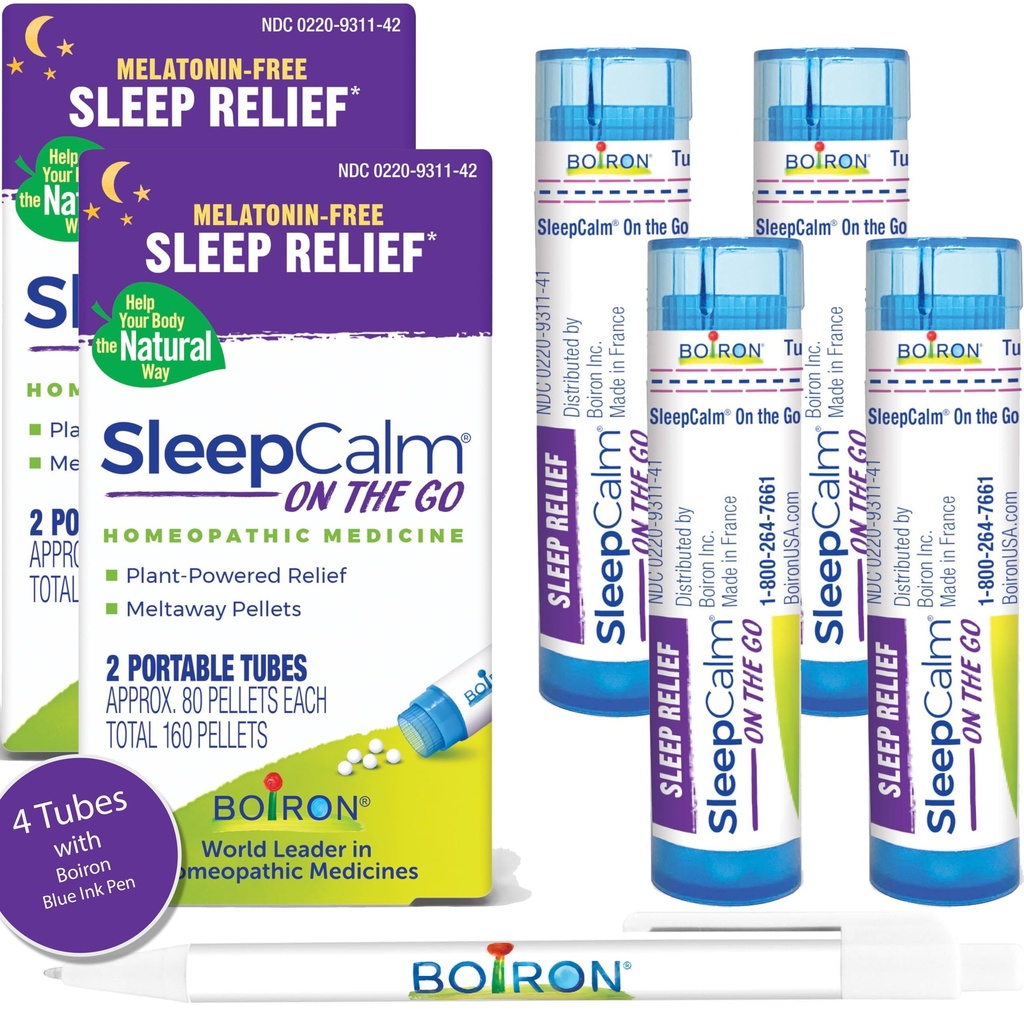 Boiron SleepCalm på Go Sleep Aid för Deep, Relaxing, Restful Nighttime Sleep - Melatonin-Free och Non Habit-Forming - 80 Count per Tube - 4 rör med Blue Pen