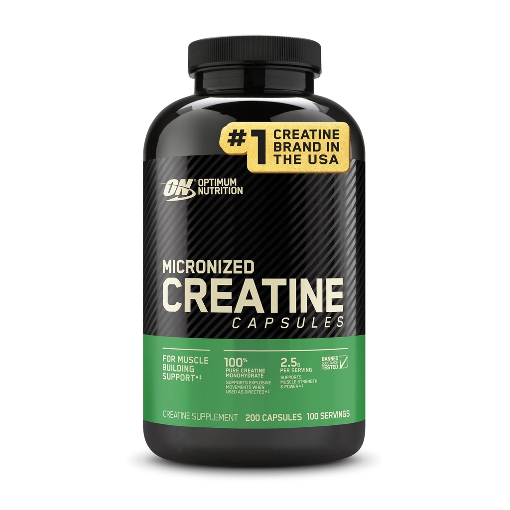 Optimum Nutrition Micronized Creatine Monohydrate Capsules, Keto Friendly, 2500mg, 200 kapslar (Packaging May Vary)