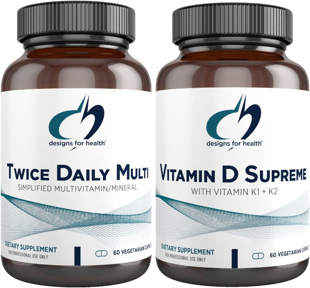 Designs for Health Multivitamiini + D/K-vitamiini täydentää Bundle - kaksi kertaa päivässä useita (60 kapselia) D-vitamiinia (60 kapselia) 5000 IU D3-vitamiinia