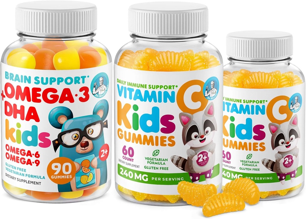 Omega-3 DHA Gummies & Vitamiini C Gummies for Kids & Aikuinen Immunosupport, Low-Sogar, Liivate-vapaa, Kasvissyöjä, Purut vitamiinit pikkulapsille