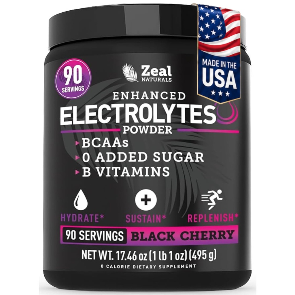 Zeal Naturals Electrolyte Powder Recovery Drink (90 portioner | Black Cherry) w 0 Sugar +BCAAs +B-Vitamins Electrolyte Supplement w Potassium Zink & Magnesium för Hydration - Keto Electrolytes